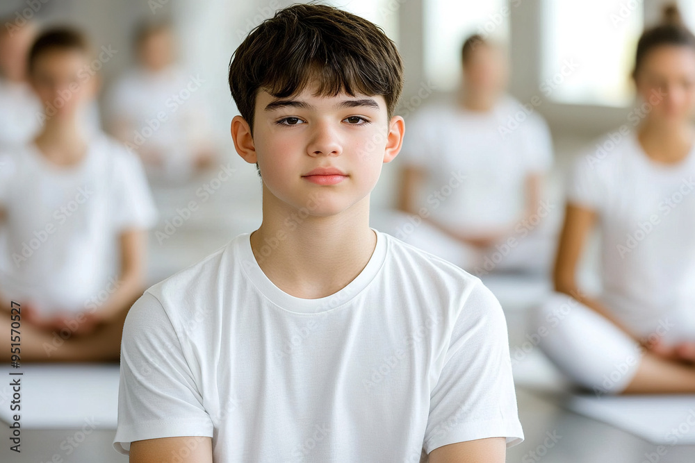 Teenage Boy Meditating in Yoga Studio with Sunlight Streaming Through Windows, Surrounded by Other Meditators, Creating a Calm and Peaceful Atmosphere with an Aura of Serenity Teenage Boy Meditating in Yoga Studio with Sunlight Streaming Through Windows, Surrounded by Other Meditators, Creating a Calm and Peaceful Atmosphere with an Aura of Serenity