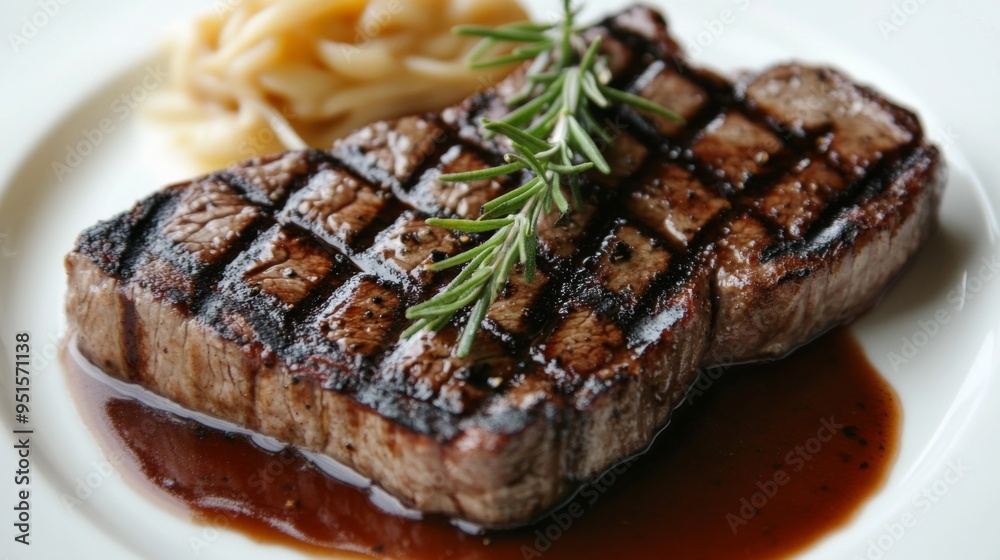 An overhead close-up of a grilled steak with grill marks, accompanied by a rich sauce and garnished with rosemary on a white plate.
