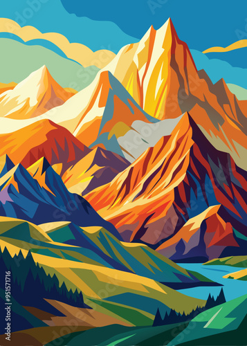Illustration rocky mountains on the river mountains above the lake nature