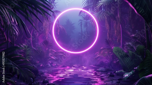 Fototapeta Naklejka Na Ścianę i Meble -  A vibrant, illuminated jungle scene featuring a glowing purple circle, surrounded by lush greenery and reflective water.