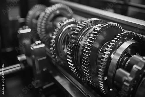 A detailed black-and-white close-up of industrial gears and machinery in motion