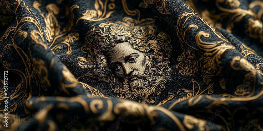 Close-up of natural linen with an impression of drawings, stylish fabric can be used as a design element in the interior Close-up of natural linen with an impression of drawings, stylish fabric can be used as a design element in the interior