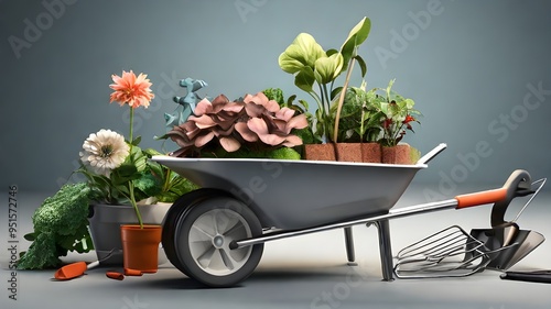 A garden wheelbarrow and several gardening equipment, including a shovel, rake, and fork, are depicted in a three-dimensional image that showcases horticultural and farming goods against a monochromat photo