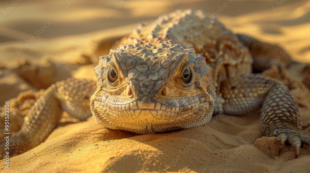 photo of an African lizard with fractal-patterned scales in a golden hour desert scene, resting on sand with intense eyes, highlighting intricate natural beauty and the warmth of the desert environmen photo of an African lizard with fractal-patterned scales in a golden hour desert scene, resting on sand with intense eyes, highlighting intricate natural beauty and the warmth of the desert environmen