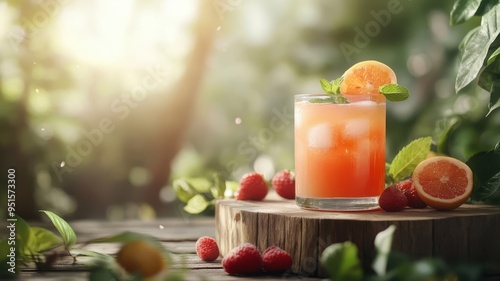 Mixed fruit juice on a podium in a fairytale forest with magical surroundings.