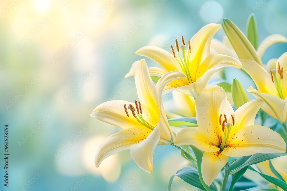 Obraz premium A delicate and beautiful image of yellow lilies in full bloom, flower background