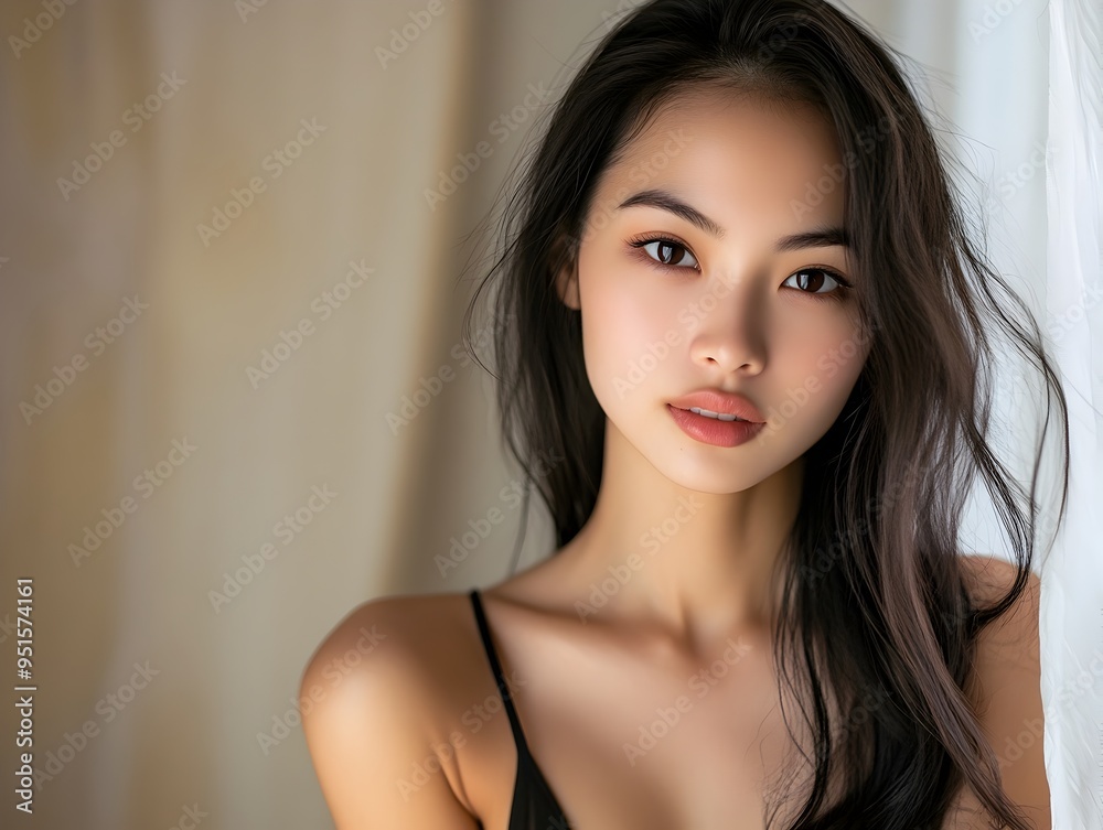 Naklejka premium Poised Asian Female Model in Upscale Contemporary Living Space with Plush Textiles and Natural Wood Accents