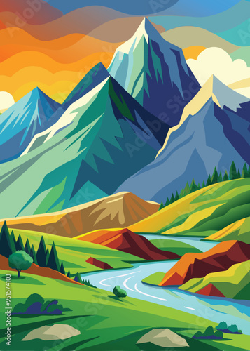 Illustration rocky mountains on the river mountains above the lake nature