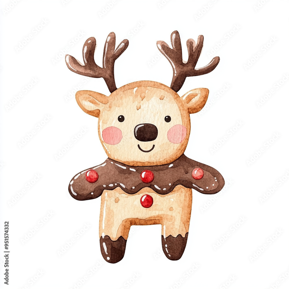 Fototapeta premium Watercolor illustration of cute reindeer shaped cookie with joyful expression, decorated with red buttons and chocolate icing.