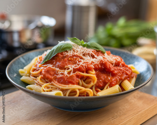  a bowl of pasta featuring a delightful mix of spaghetti and penne, all generously coated in a rich tomato sauce. The dish is finished with a sprinkle of grated cheese