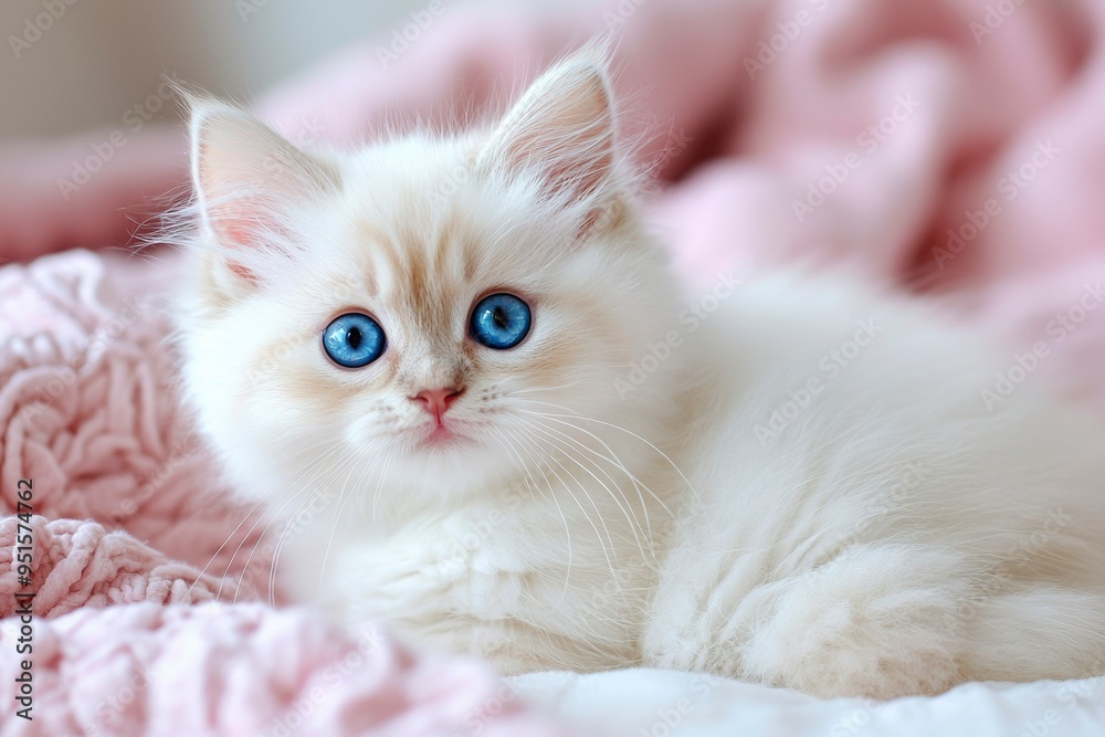 White Kitten with Blue Eyes on Pink Blanket White Kitten with Blue Eyes on Pink Blanket