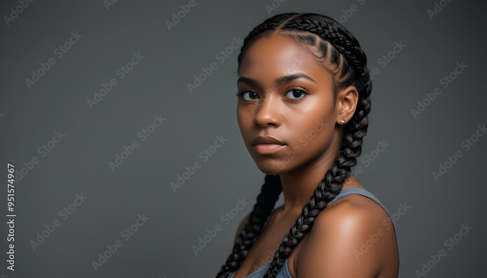 A young Black woman with long braided hairstyle, looking directly at the camera with a serious expression in a bright room A young Black woman with long braided hairstyle, looking directly at the camera with a serious expression in a bright room