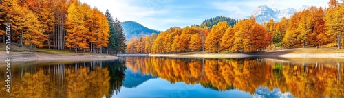 Obraz na płótnie Calm lake with autumn reflections, golden foliage mirrored on still water, tranquil autumn scenery w salonie