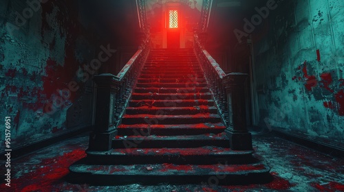 A haunting staircase bathed in eerie red light, adorned with splashes of dark crimson, creating an unsettling atmosphere. photo