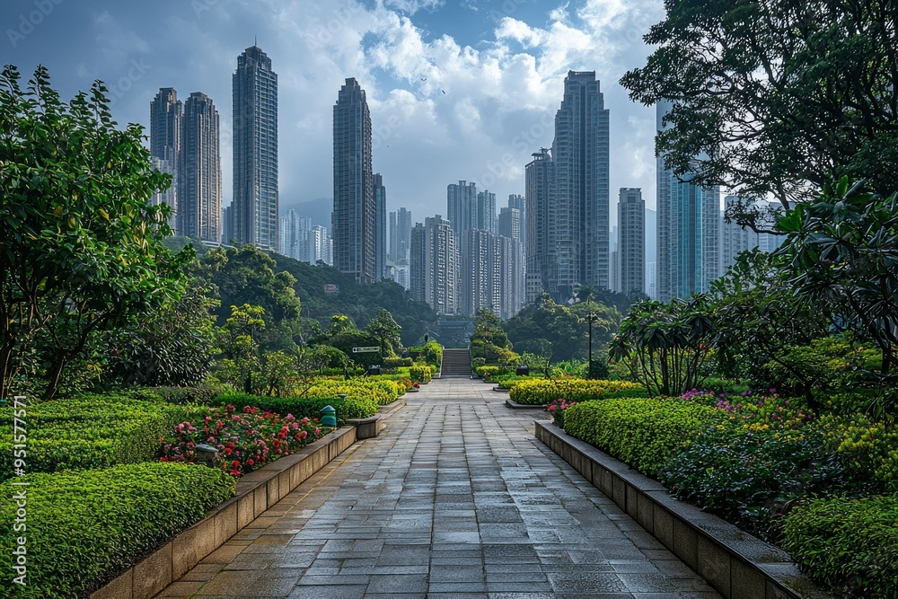 A Stone Path Leading Through Lush Greenery Towards a City Skyline A Stone Path Leading Through Lush Greenery Towards a City Skyline