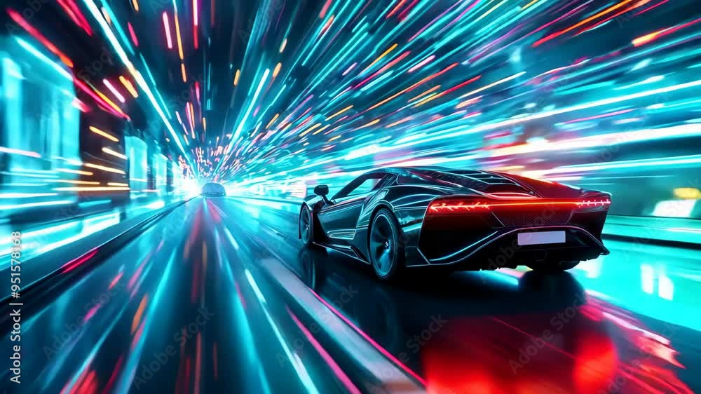 A futuristic car races through a neon-lit tunnel at high speed showcasing vibrant light trails