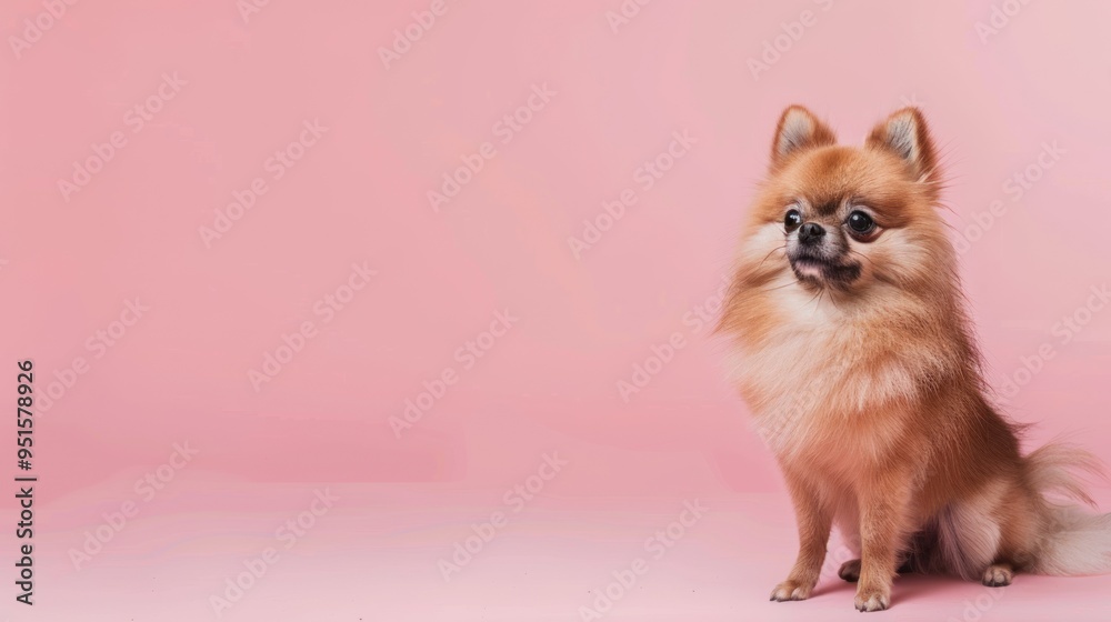Obraz premium Cute Pomeranian Dog Sitting on Pink Background