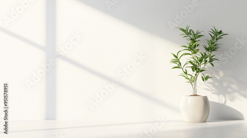 A white room with a large window and a potted plant. The room is empty and has a minimalist feel