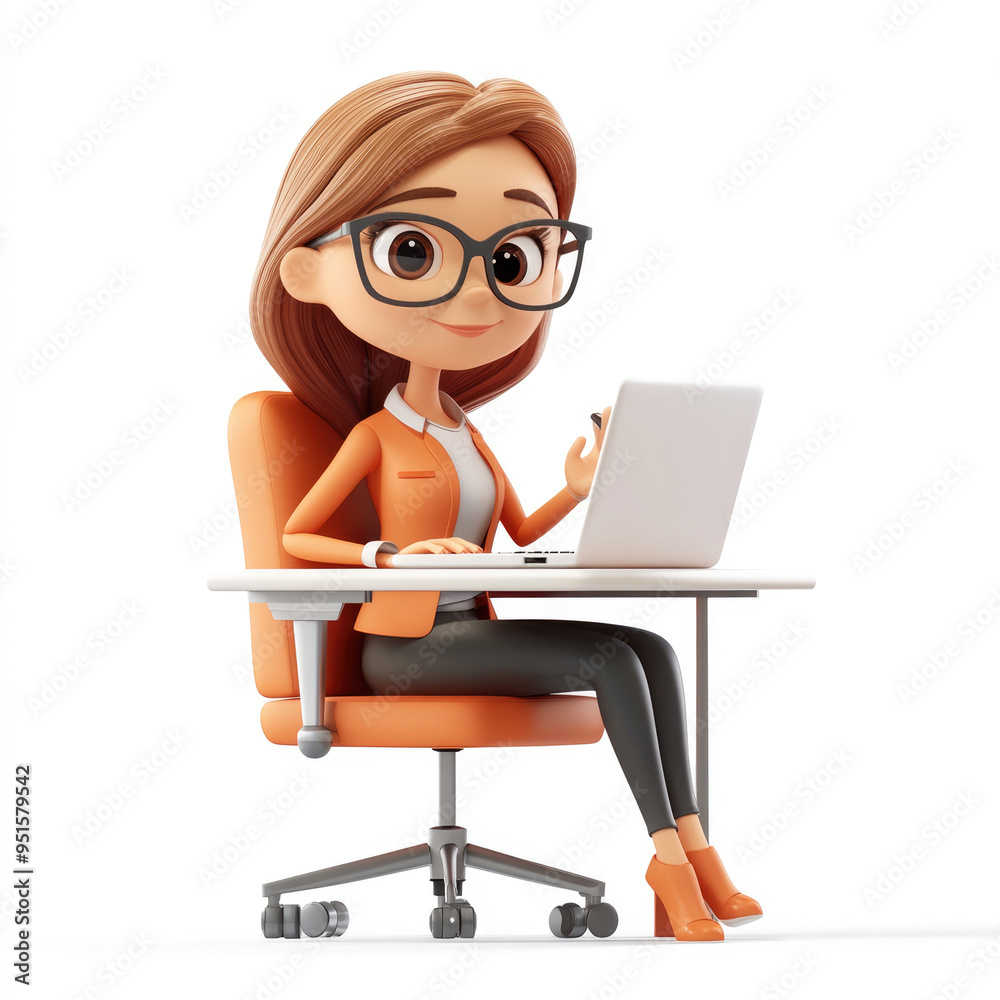3D cartoon, a female office worker sits at his desk with a hard work gesture, wearing glasses while sitting on a chair in front of a laptop computer. on a solid white background 3D cartoon, a female office worker sits at his desk with a hard work gesture, wearing glasses while sitting on a chair in front of a laptop computer. on a solid white background