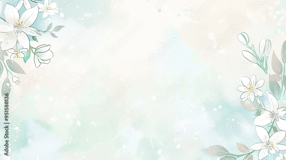 Elegant Vector Illustration: Pastel Blue and Yellow Background with Delicate White Flowers, Light Gray Cloud Patterns, and Hand-Drawn Style for High-Quality Designs Elegant Vector Illustration: Pastel Blue and Yellow Background with Delicate White Flowers, Light Gray Cloud Patterns, and Hand-Drawn Style for High-Quality Designs