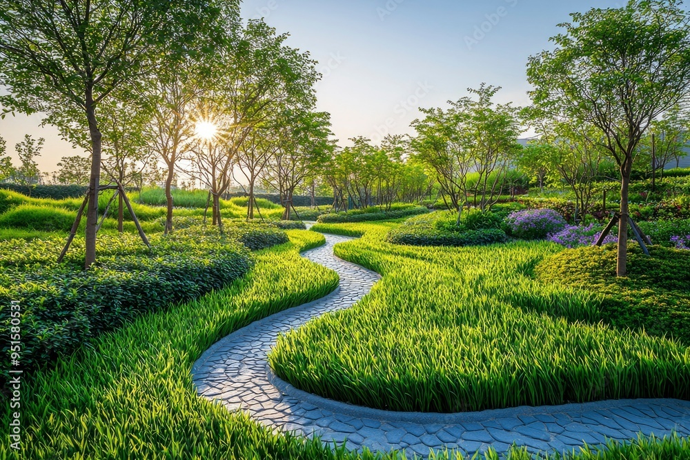 Winding Stone Path Through a Lush Green Garden Winding Stone Path Through a Lush Green Garden