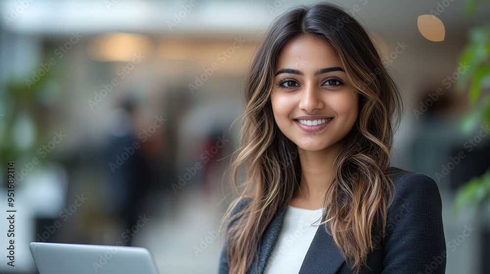 Naklejka premium Indian businesswoman working on laptop in a modern office | Woman working on laptop | Woman employee in office | Woman entrepreneur | Business woman 
