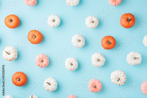 Colorful pumpkins pattern on blue background for autumnal designs