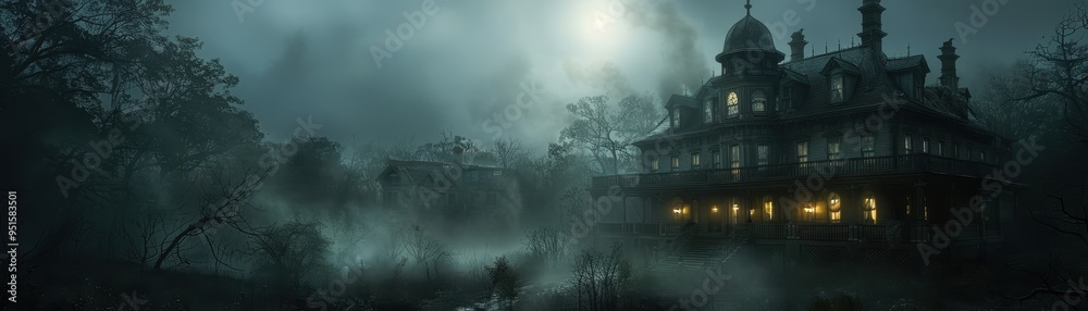 Fototapeta premium A hauntingly beautiful mansion enveloped in eerie fog and illuminated by a ghostly moonlight, perfect for a chilling atmosphere.