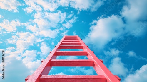 Upward Path to Success - Red Ladder Reaching Towards Blue Sky