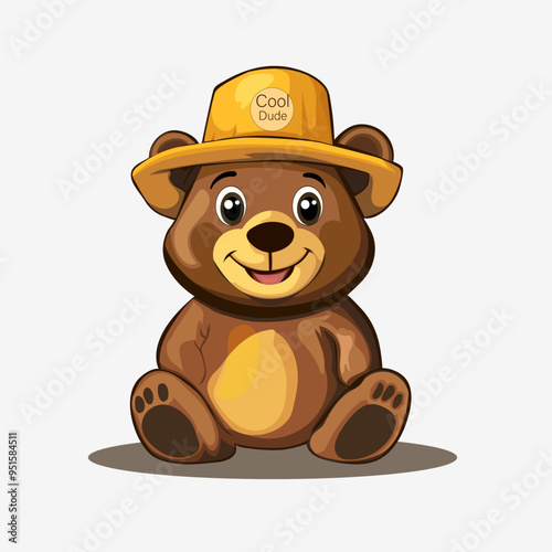 Cartoon Teddy bear with hat isolated on white background.