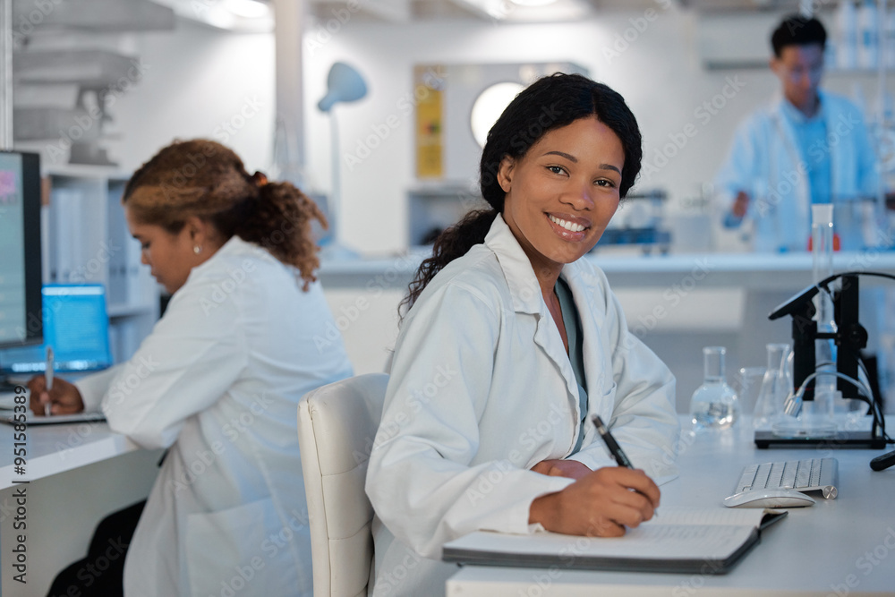 Portrait, smile and woman in laboratory for science, healthcare and writing findings at table. Scientists, happy and tech in research facility for microbiology, vaccine development and chemistry Portrait, smile and woman in laboratory for science, healthcare and writing findings at table. Scientists, happy and tech in research facility for microbiology, vaccine development and chemistry