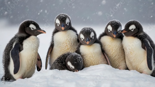 Penguin chicks cuddling together in the snow