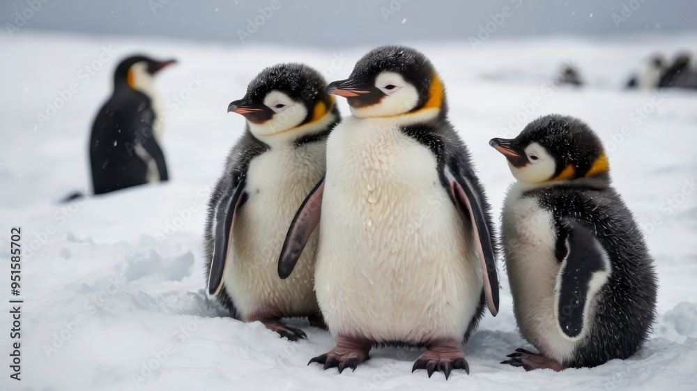 Obraz premium Penguin chicks keeping warm together in snowy habitat
