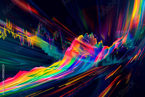 An abstract representation of a stock market rally with vibrant, colorful financial data.