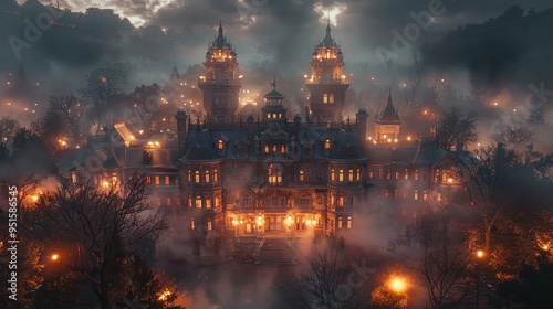 A hauntingly beautiful mansion illuminated by orange lights, surrounded by fog and trees, creating a mystical atmosphere at night.