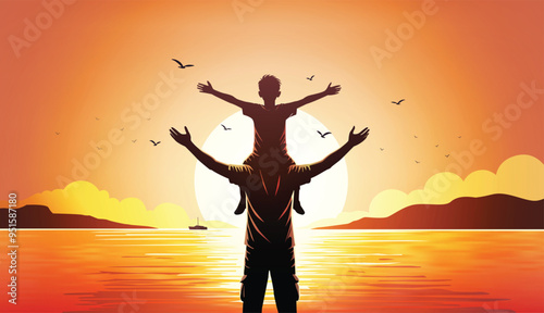 Dad and Son Enjoying Sunset by the Sea Silhouette