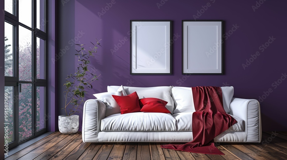 Fototapeta premium Modern Living Room with White Sofa and Purple Walls