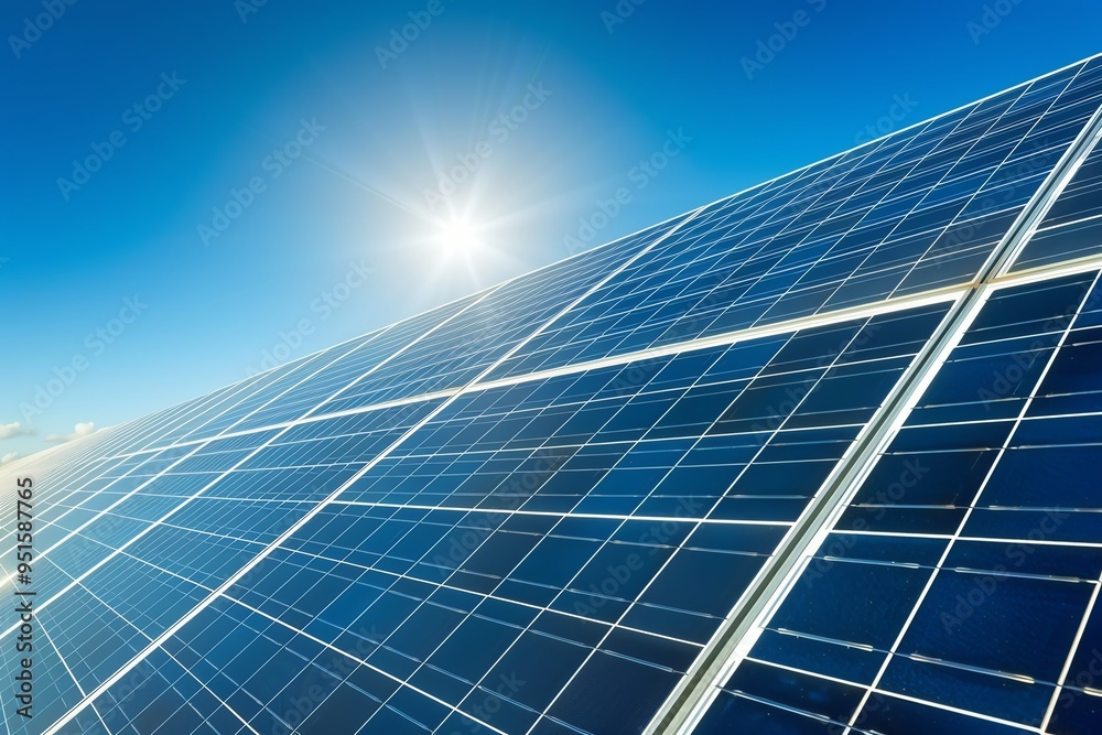 A close-up view of solar panels reflecting sunlight under a clear blue sky, symbolizing renewable energy and sustainability. A close-up view of solar panels reflecting sunlight under a clear blue sky, symbolizing renewable energy and sustainability.