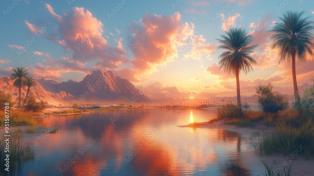 Serene sunset over a tranquil lake surrounded by mountains and palms. Serene sunset over a tranquil lake surrounded by mountains and palms.