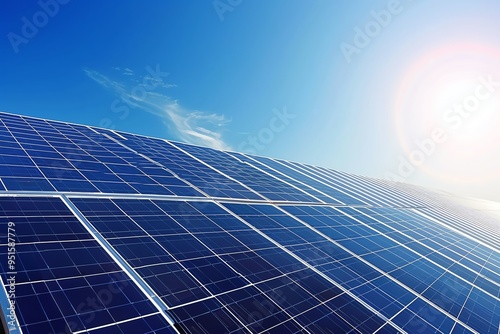 A close-up view of solar panels under a bright blue sky, harnessing renewable energy from the sun.