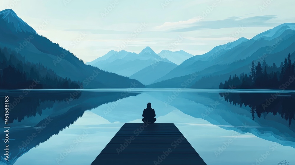 A lone figure sits on a wooden dock overlooking a tranquil lake surrounded by mountains. A lone figure sits on a wooden dock overlooking a tranquil lake surrounded by mountains.