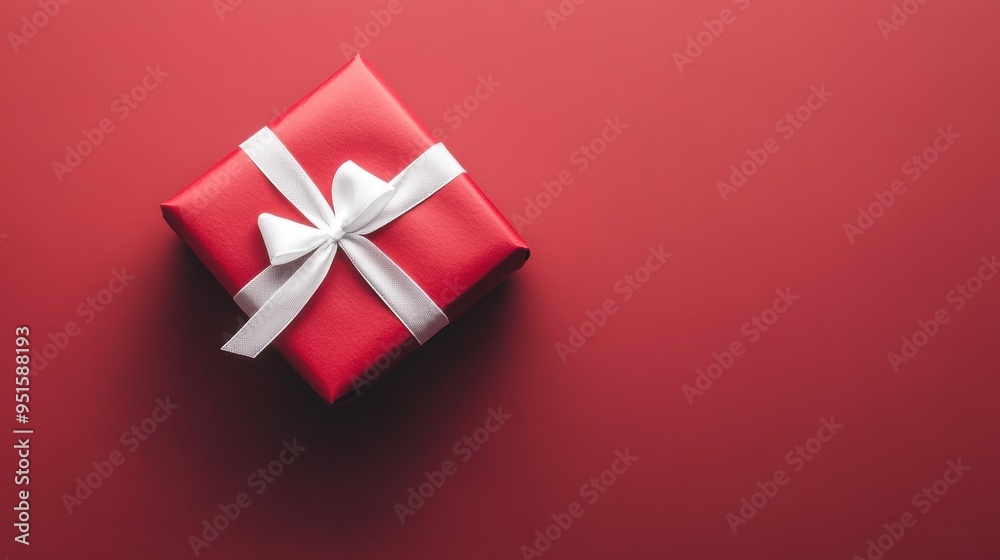 Elegant red gift box with white ribbon on red background Elegant red gift box with white ribbon on red background
