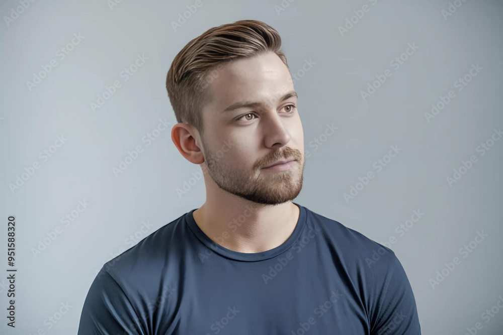 Fototapeta premium Thoughtful Man in Dark Blue T-Shirt with Neatly Styled Brown Hair Pondering in Studio Portrait