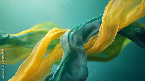 Flowing fabric ribbons in green and yellow against a textured background