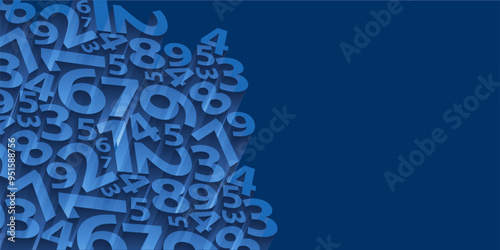 A dark blue background featuring a tight group of various three dimensional number shapes and copyspace. The digits create a dynamic and visually captivating pattern that adds depth and dimension.