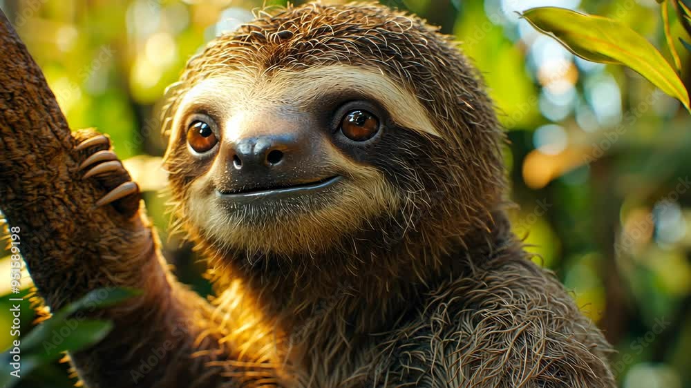 Captivating sloth enjoying the sunlight in a lush rainforest habitat during early morning hours Captivating sloth enjoying the sunlight in a lush rainforest habitat during early morning hours