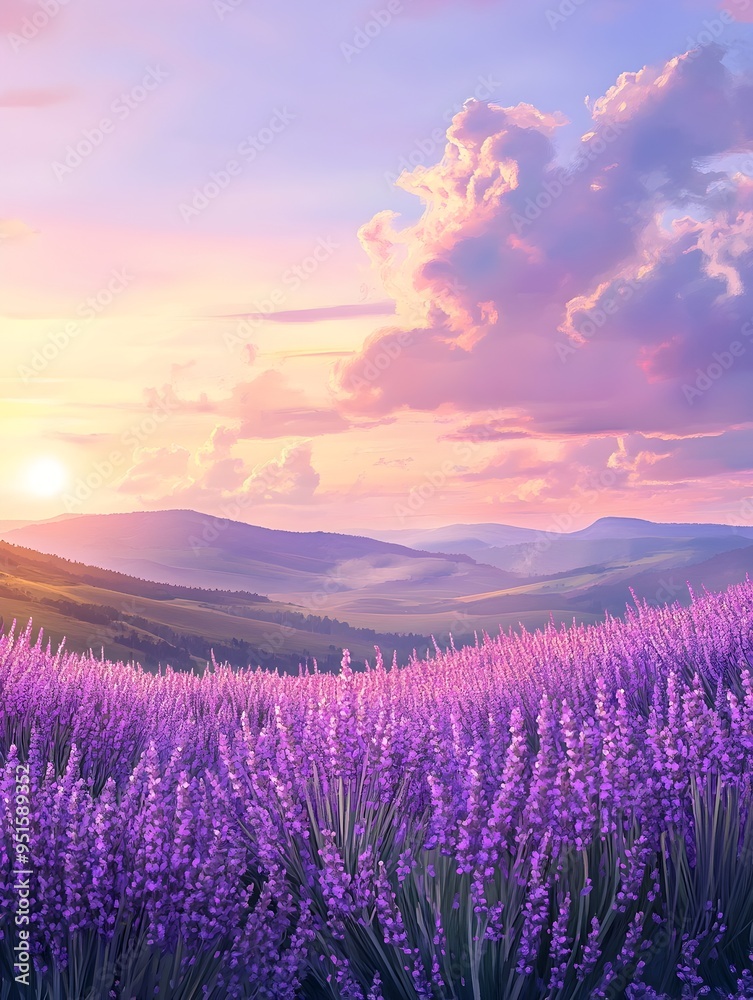 Obraz premium Serene Lavender Field at Sunset with Fluffy Clouds and Rolling Hills