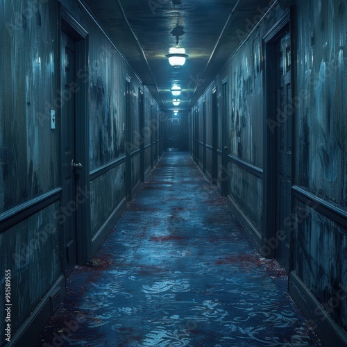 A hauntingly eerie hotel corridor with dim lighting, splattered floors, and mysterious shadows creating a suspenseful atmosphere.