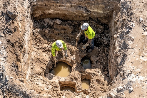 Workers excavate a construction site, managing digging and safety measures in a muddy trench from above. photo