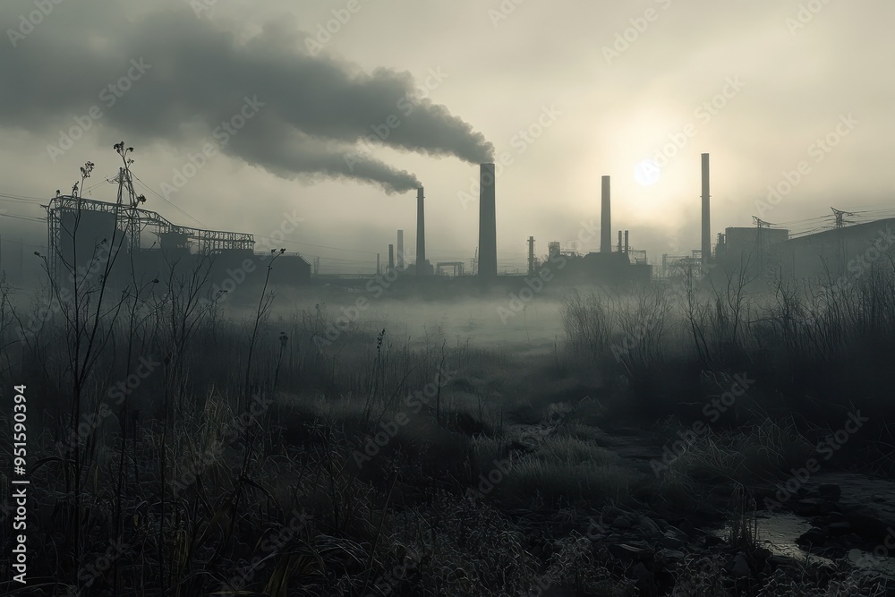 A haunting image of a sprawling industrial landscape shrouded in thick, gray smog A haunting image of a sprawling industrial landscape shrouded in thick, gray smog